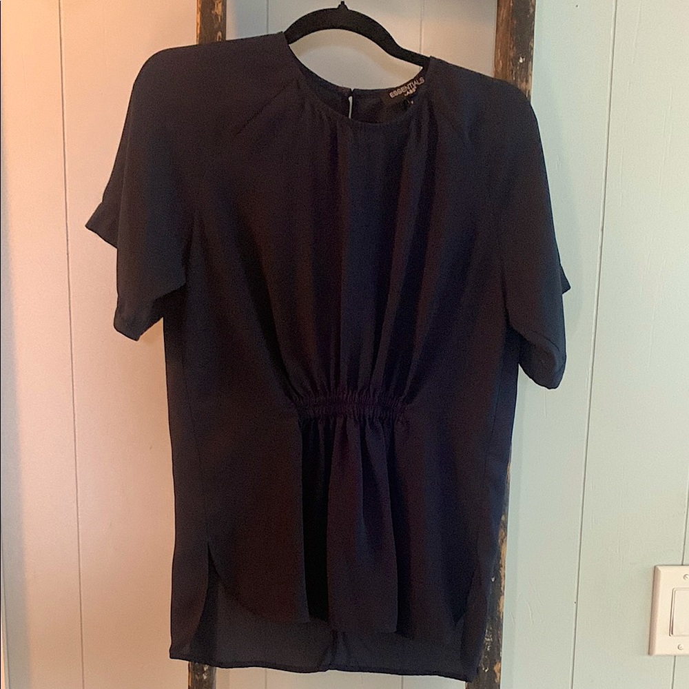 Essentials Navy Short Sleeve Gathered Front Blouse